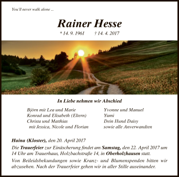 Traueranzeige von Rainer Hesse von HNA