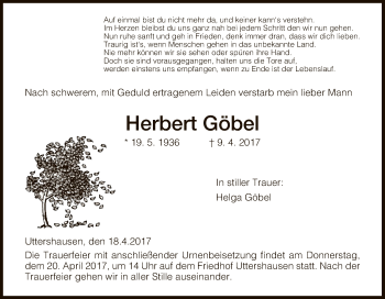 Traueranzeige von Herbert Göbel von HNA