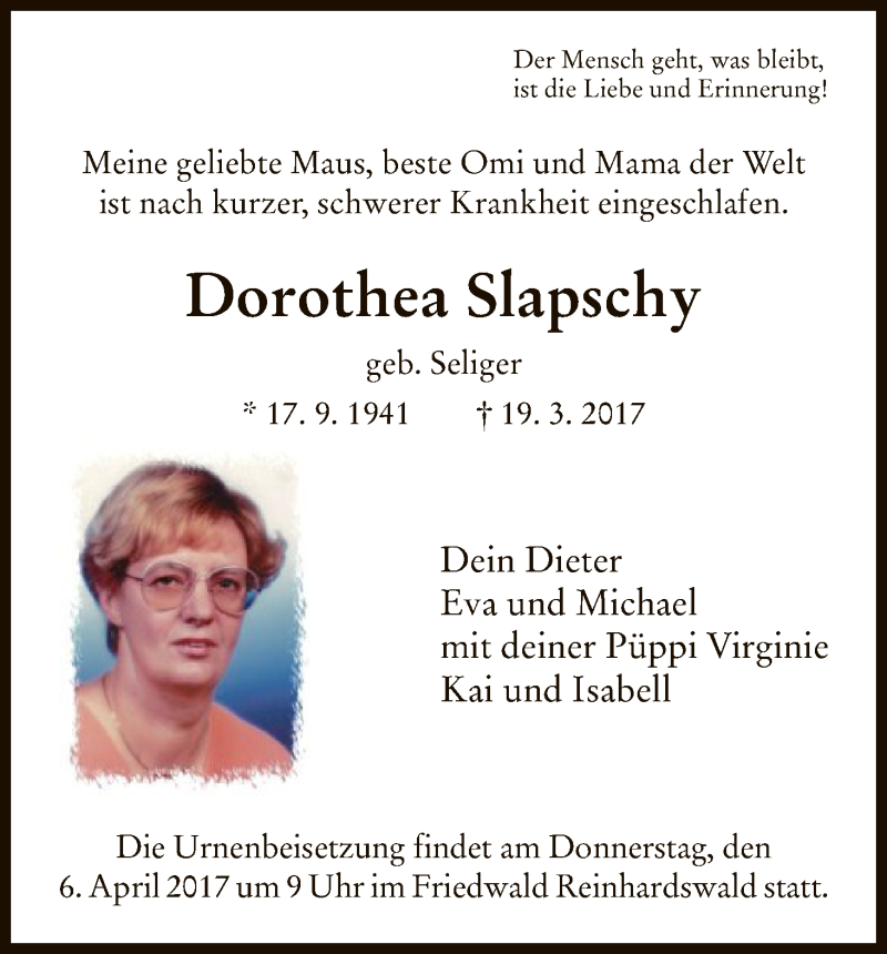  Traueranzeige für Dorothea Slapschy vom 01.04.2017 aus HNA