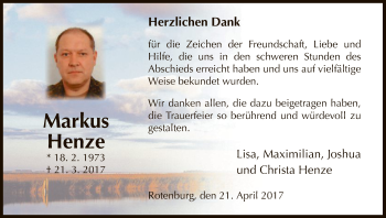 Traueranzeige von Markus Henze von HNA