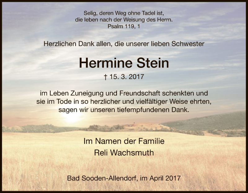 Traueranzeige für Hermine Stein vom 08.04.2017 aus HNA