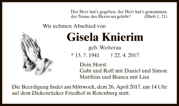 Traueranzeige von Gisela Knierim von HNA
