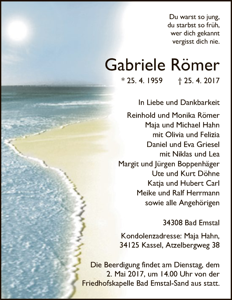 Traueranzeige für Gabriele Römer vom 29.04.2017 aus HNA