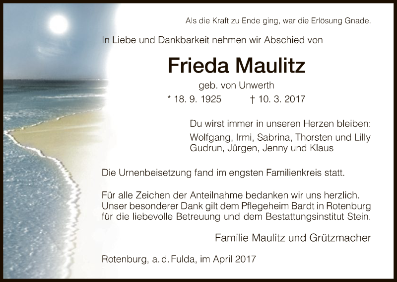  Traueranzeige für Frieda Maulietz vom 03.04.2017 aus HNA