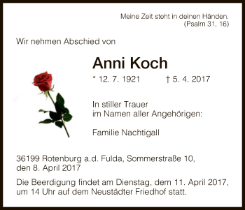 Traueranzeige von Anni Koch von HNA