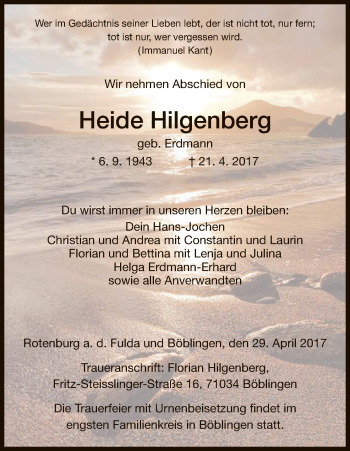 Traueranzeige von Heide Hilgenberg von HNA