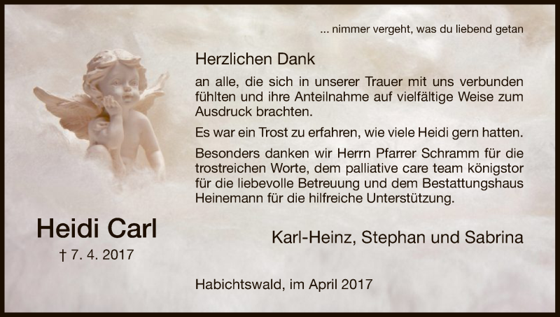  Traueranzeige für Heidi Carl vom 29.04.2017 aus HNA