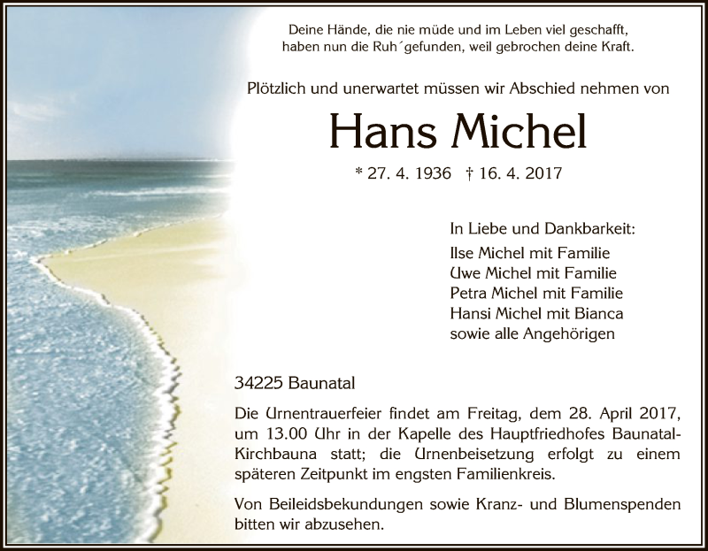  Traueranzeige für Hans Michel vom 26.04.2017 aus HNA