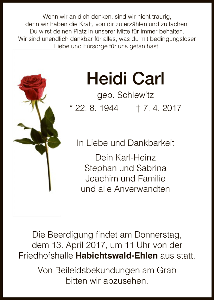  Traueranzeige für Heidi Carl vom 11.04.2017 aus HNA