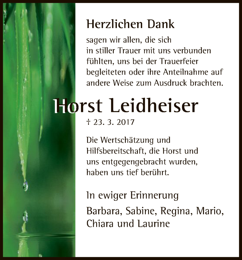  Traueranzeige für Horst Leidheiser vom 15.04.2017 aus HNA