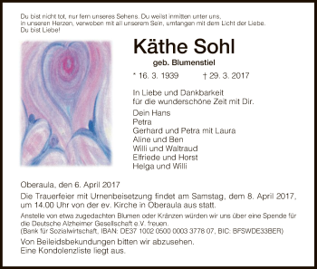 Traueranzeige von Käthe Sohl von HNA