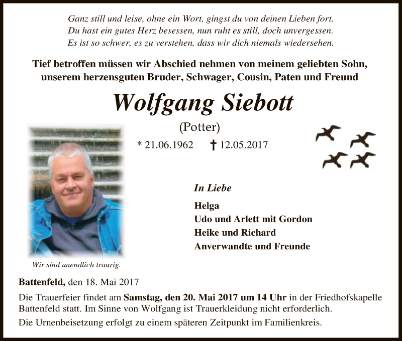  Traueranzeige für Wolfgang Siebott vom 18.05.2017 aus HNA