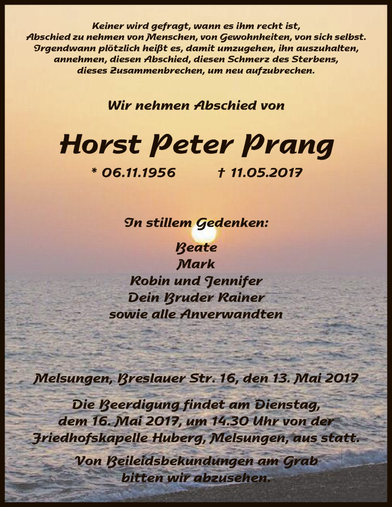  Traueranzeige für Horst Peter Prang vom 13.05.2017 aus HNA