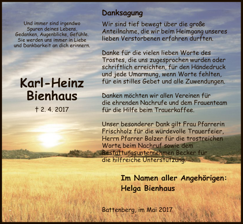  Traueranzeige für Karl-Heinz Bienhaus vom 06.05.2017 aus HNA