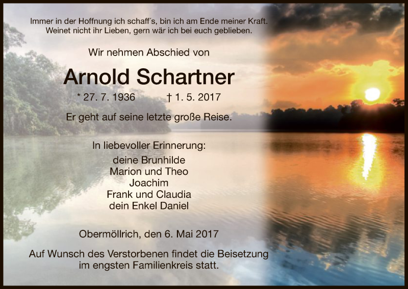 Traueranzeige für Arnold Schartner vom 06.05.2017 aus HNA