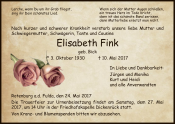 Traueranzeige von Elisabeth Fink von HNA