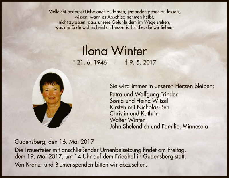  Traueranzeige für Ilona Winter vom 16.05.2017 aus HNA