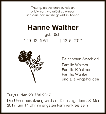 Traueranzeige von Hanne Walther von HNA