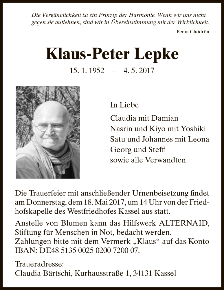  Traueranzeige für Klaus-Peter Lepke vom 13.05.2017 aus HNA
