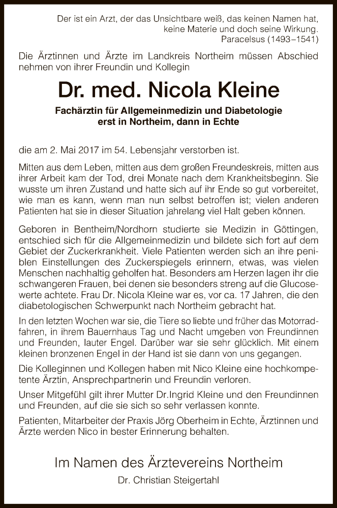  Traueranzeige für Nicola Kleine vom 06.05.2017 aus HNA