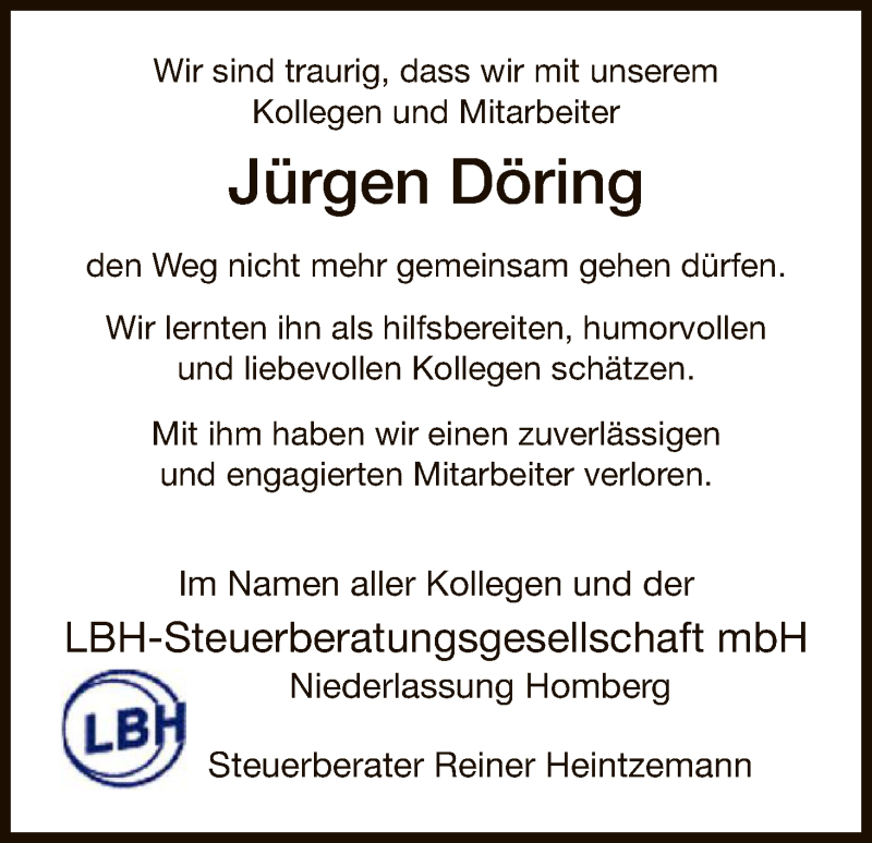  Traueranzeige für Jürgen Döring vom 13.05.2017 aus HNA