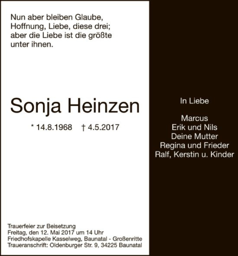  Traueranzeige für Sonja Heinzen vom 09.05.2017 aus HNA