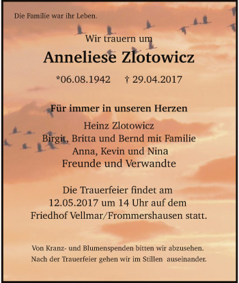 Traueranzeige von Anneliese Zlotowicz von HNA