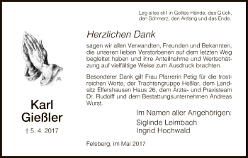 Traueranzeige von Karl Gießler von HNA