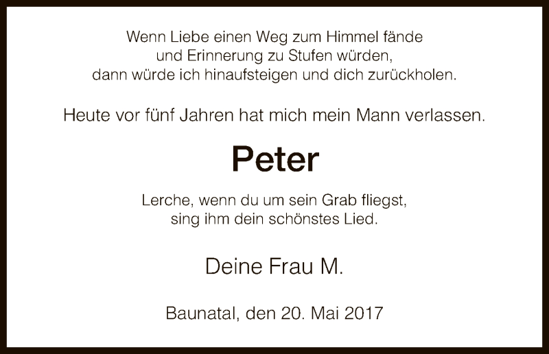  Traueranzeige für Peter  vom 20.05.2017 aus HNA