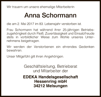 Traueranzeige von Anna Schormann von HNA