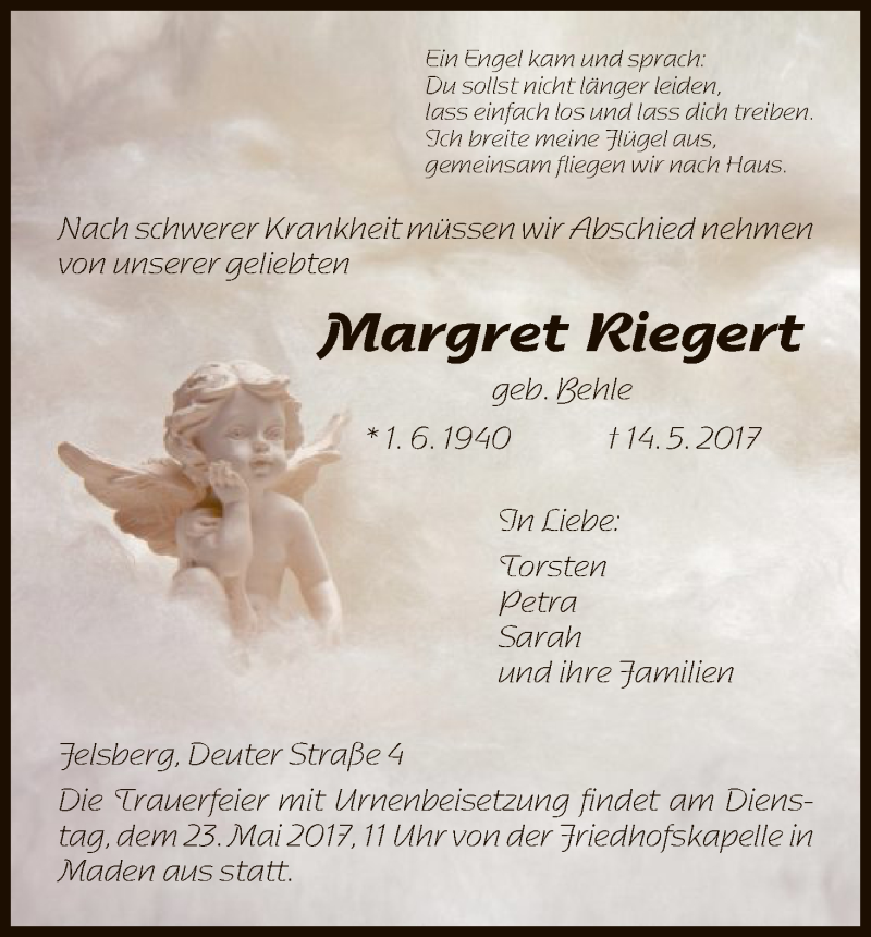 Traueranzeigen Von Margret Riegert Trauer HNA De