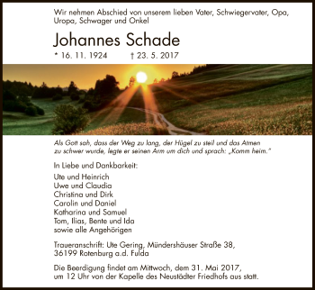 Traueranzeige von Johannes Schade von HNA