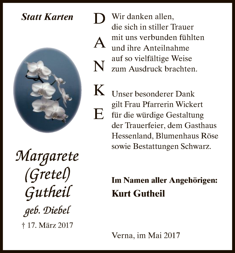  Traueranzeige für Margarete Gutheil vom 06.05.2017 aus HNA