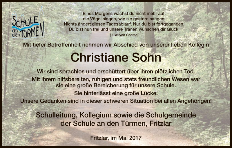  Traueranzeige für Christiane Sohn vom 19.05.2017 aus HNA
