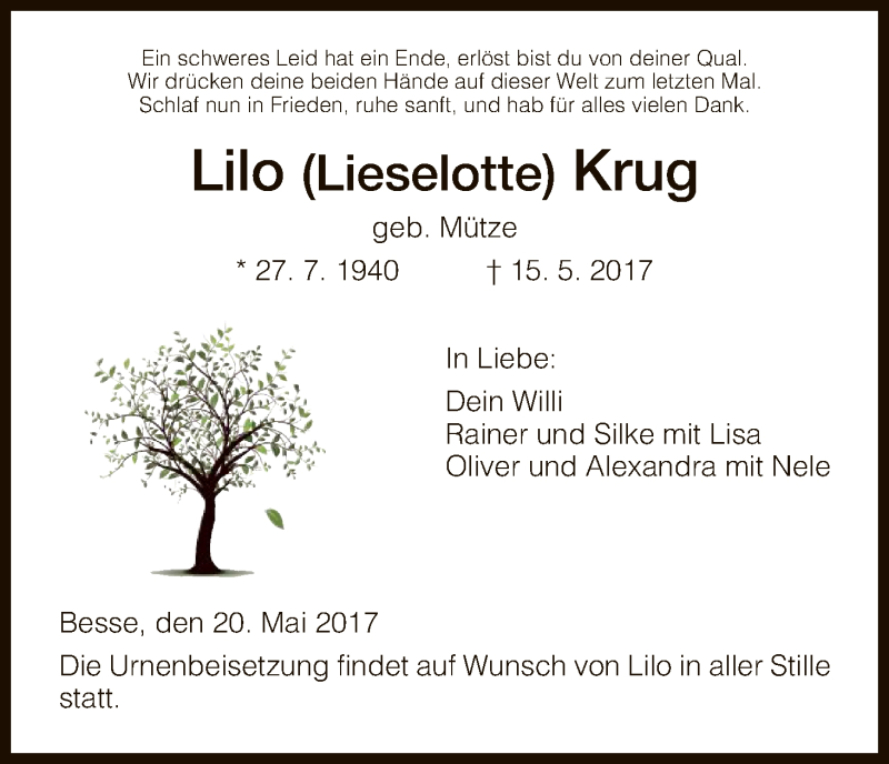  Traueranzeige für Lilo  Krug vom 20.05.2017 aus HNA