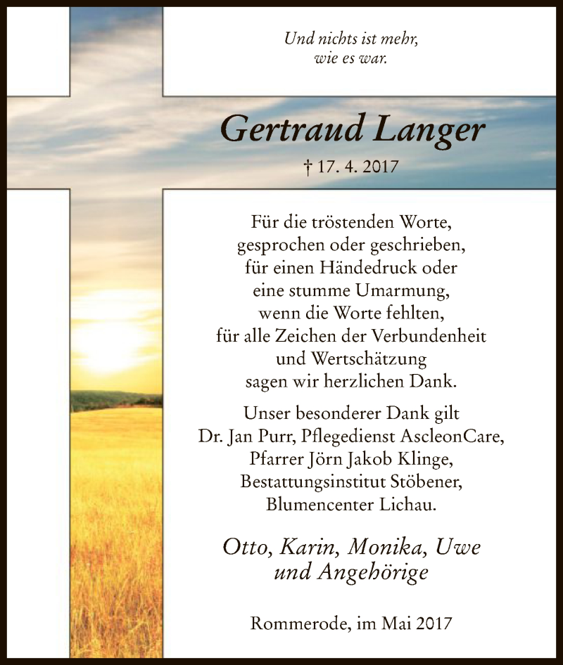  Traueranzeige für Gertraud Langer vom 13.05.2017 aus HNA