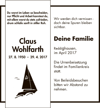 Traueranzeige von Claus Wohlfarth von HNA