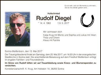 Traueranzeige von Rudolf Diegel von HNA