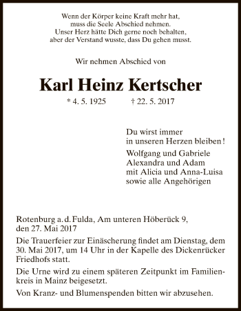 Traueranzeige von Karl Heinz Kertscher von HNA