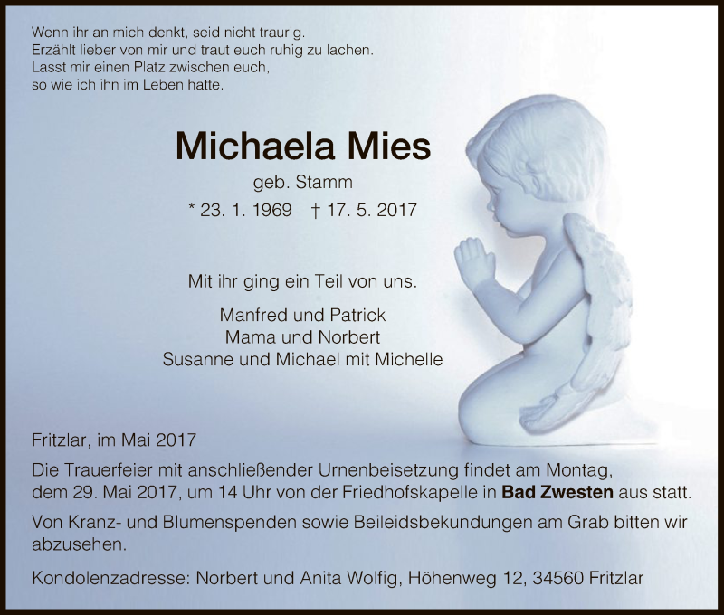  Traueranzeige für Michaela Mies vom 24.05.2017 aus HNA