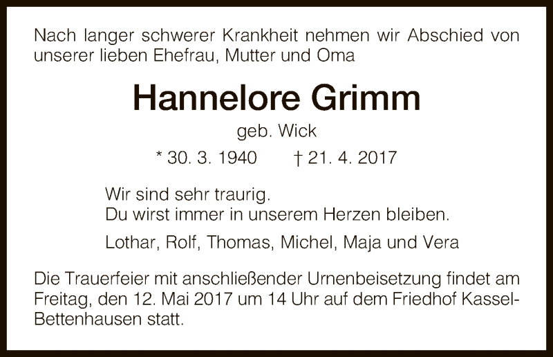  Traueranzeige für Hannelore Grimm vom 06.05.2017 aus HNA