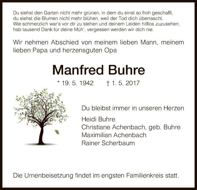  Traueranzeige für Manfred Buhre vom 06.05.2017 aus HNA
