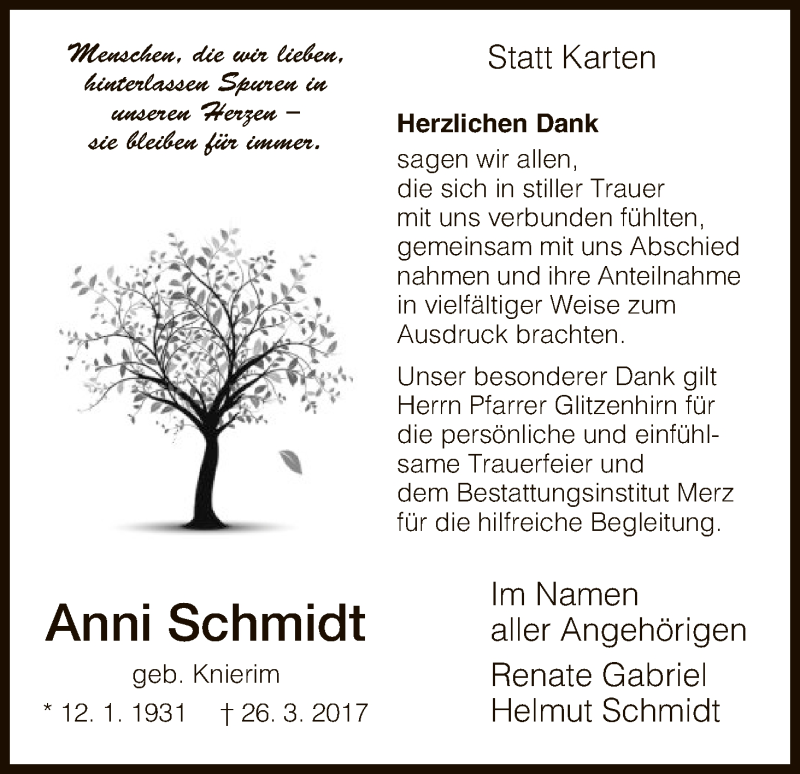  Traueranzeige für Anni Schmidt vom 06.05.2017 aus HNA