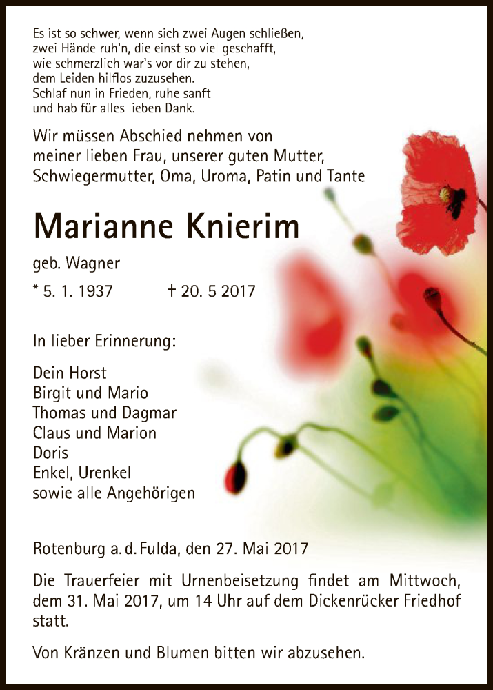  Traueranzeige für Marianne Knierim vom 27.05.2017 aus HNA