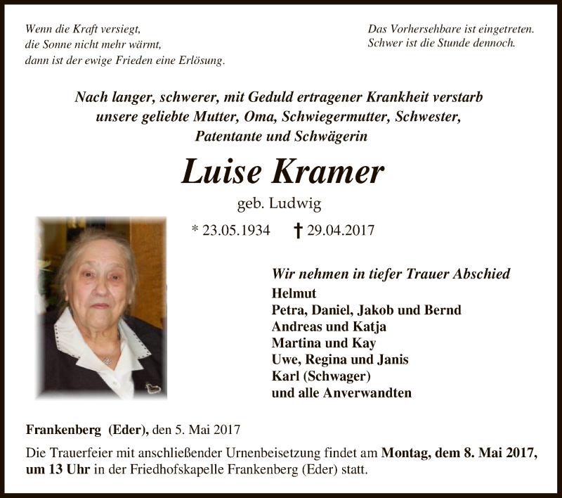  Traueranzeige für Luise Kramer vom 05.05.2017 aus HNA