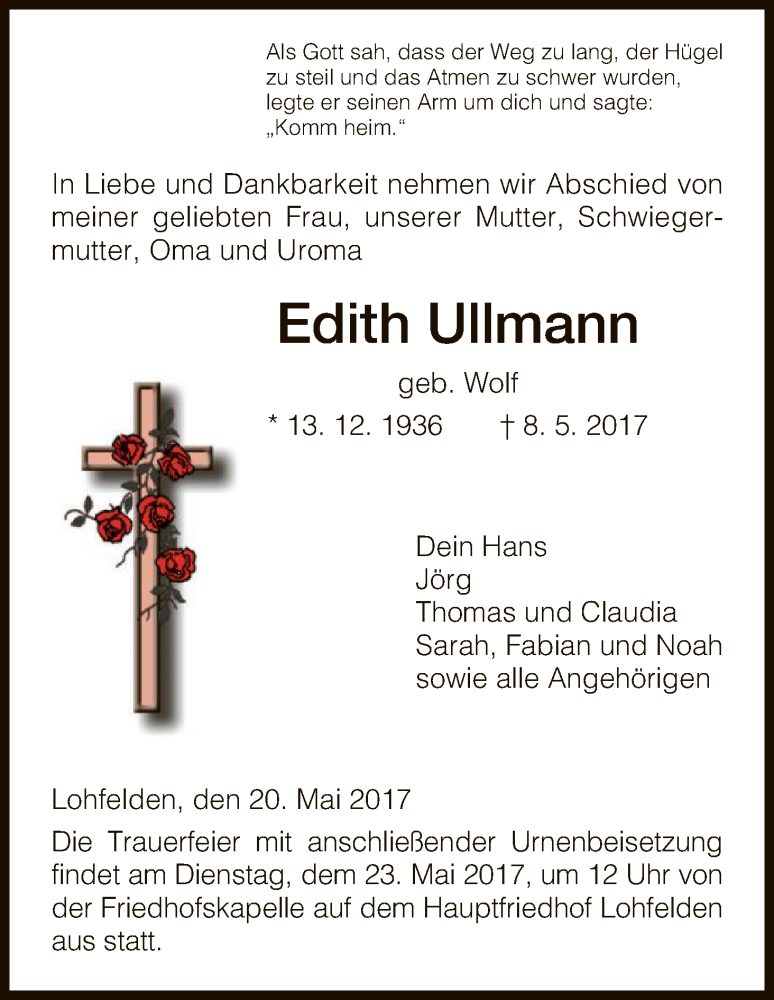  Traueranzeige für Edith Ullmann vom 20.05.2017 aus HNA