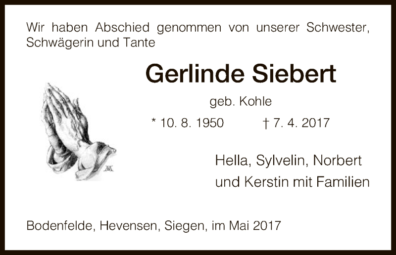  Traueranzeige für Gerlinde Siebert vom 06.05.2017 aus HNA