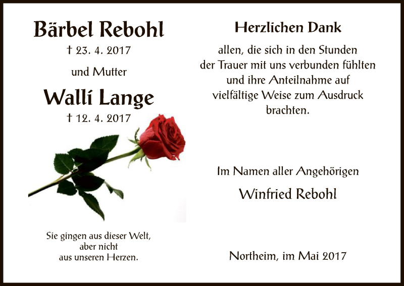  Traueranzeige für Bärbel Rebohl vom 20.05.2017 aus HNA