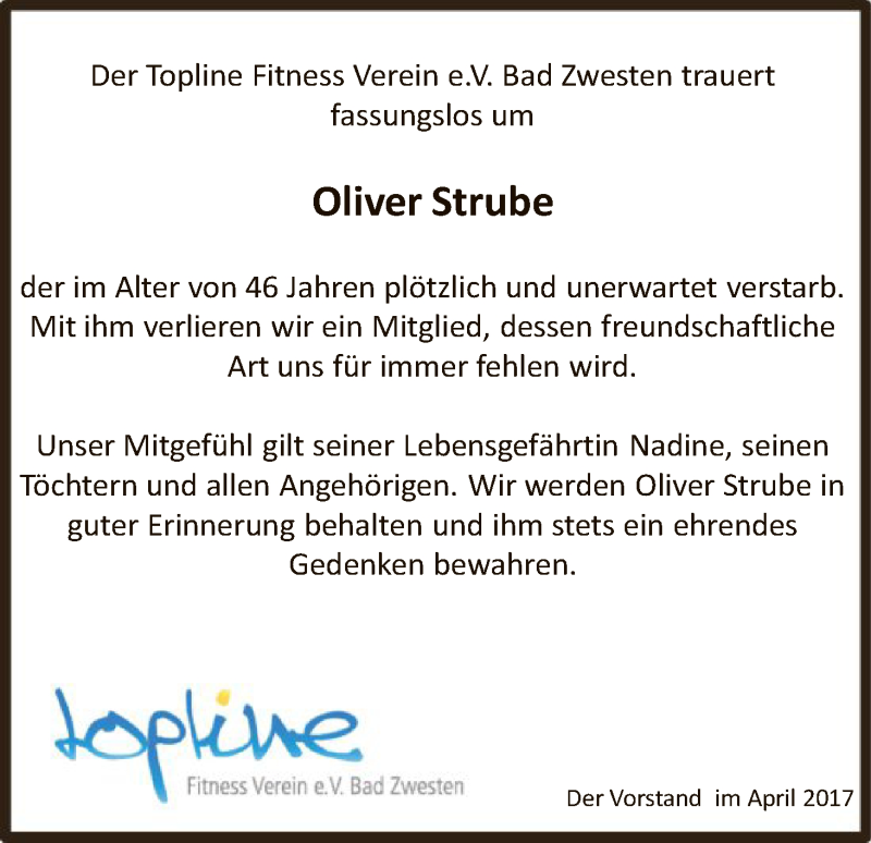  Traueranzeige für Oliver Strube vom 03.05.2017 aus HNA