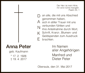 Traueranzeige von Anna Peter von HNA